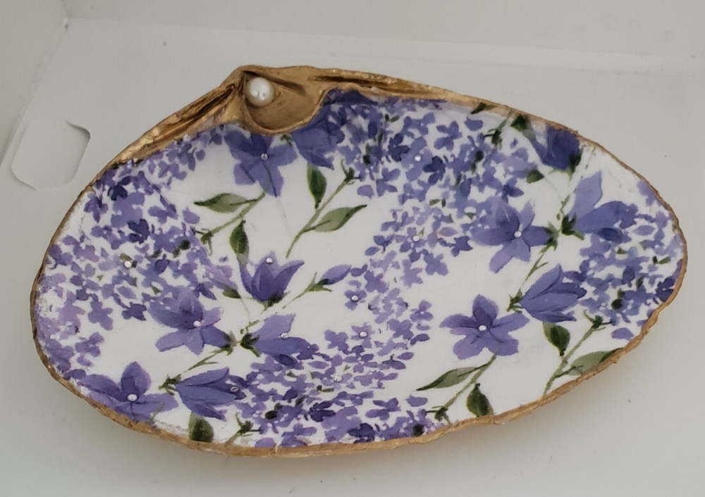Shell decoupage hand painted gold leaf Trim Lavender Trinket Dish Large