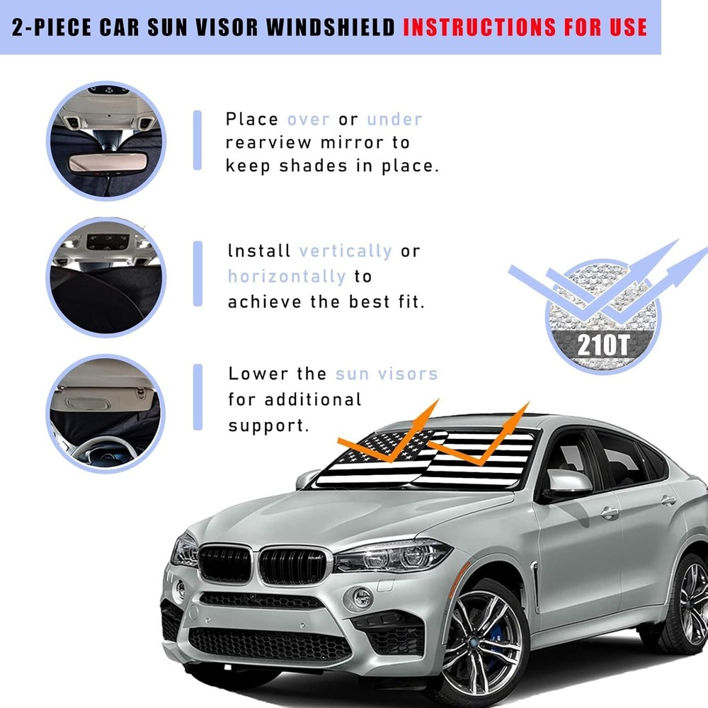 Universal Fit Foldable Windshield Sun Shade - 2-Pcs, 28"x31", Black Flag Design