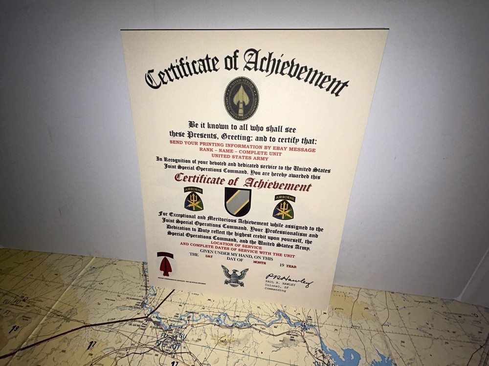 U.S. ARMY - JOINT SPECIAL OPERATIONS COMMAND - CERTIFICATE OF ACHIEVEMENT