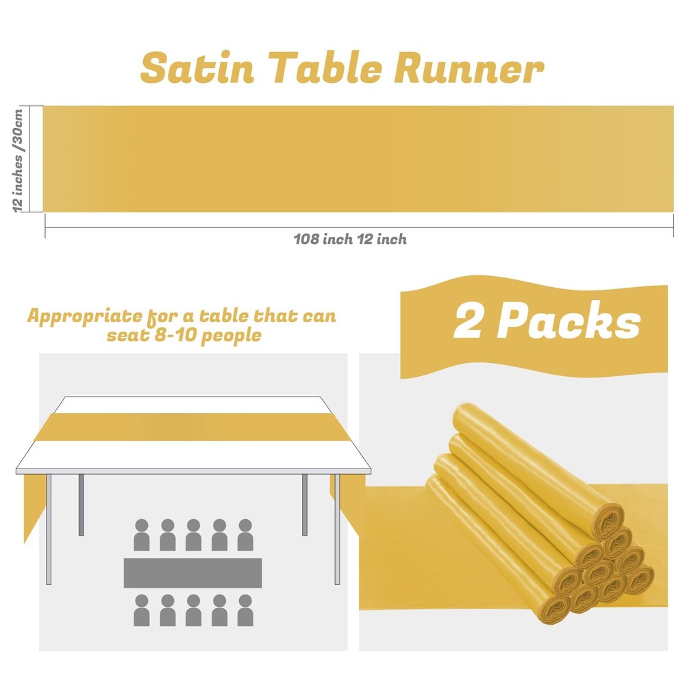 2 Pack Gold Table Runners 12 x 108 Inch Rectangular Smooth Satin Silk Table R...