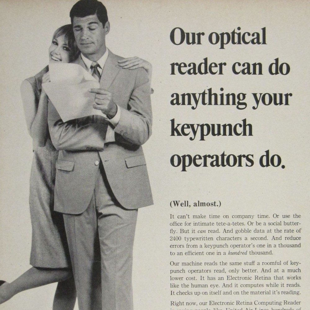 Print Ad Recognition Equipment Optical Reader Ad 1960s Tech Keypunch Efficiency