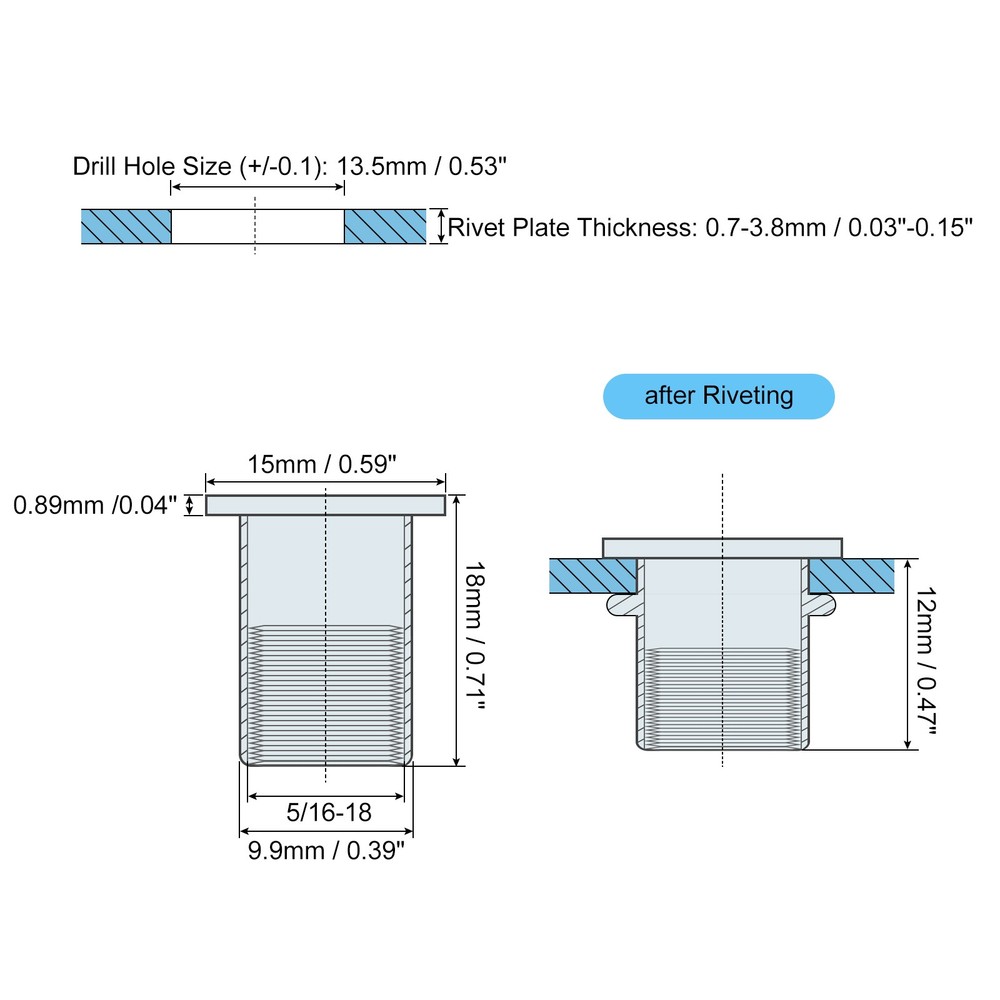 5/16-18 Rivet Nuts, 20pcs 304 Stainless Steel Flat Head Threaded Insert Nuts