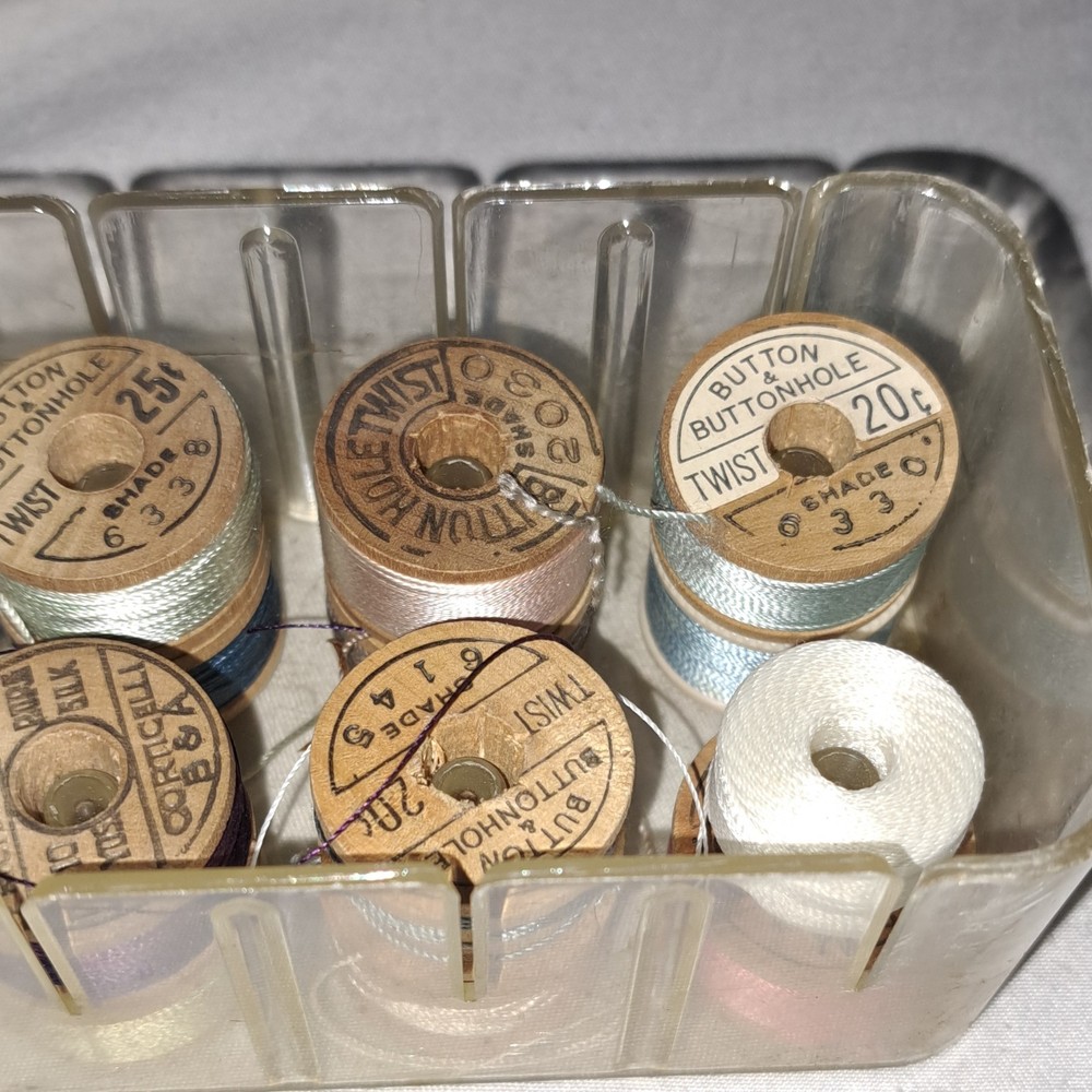 Vintage Sewing Thread, Wood Spolls & Storage Box