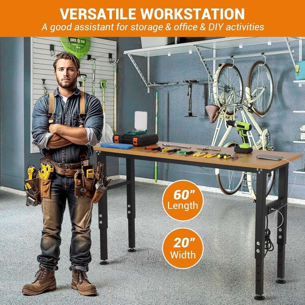 60x20 Inch Adjustable Workbench 2500 Lbs Work Table Tool Bench with Power Outlet