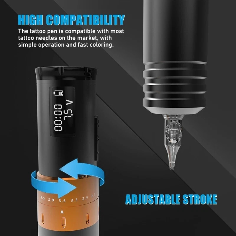 Wireless Adjustable Stroke Rotary Tattoo Machine Pen Kit 20Pcs Needles 1300mAh