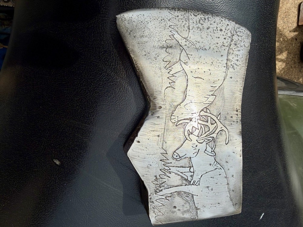 Vintage Jersey Pattern Single Bit Axe With A Deer Scenery Etched On Both Sides