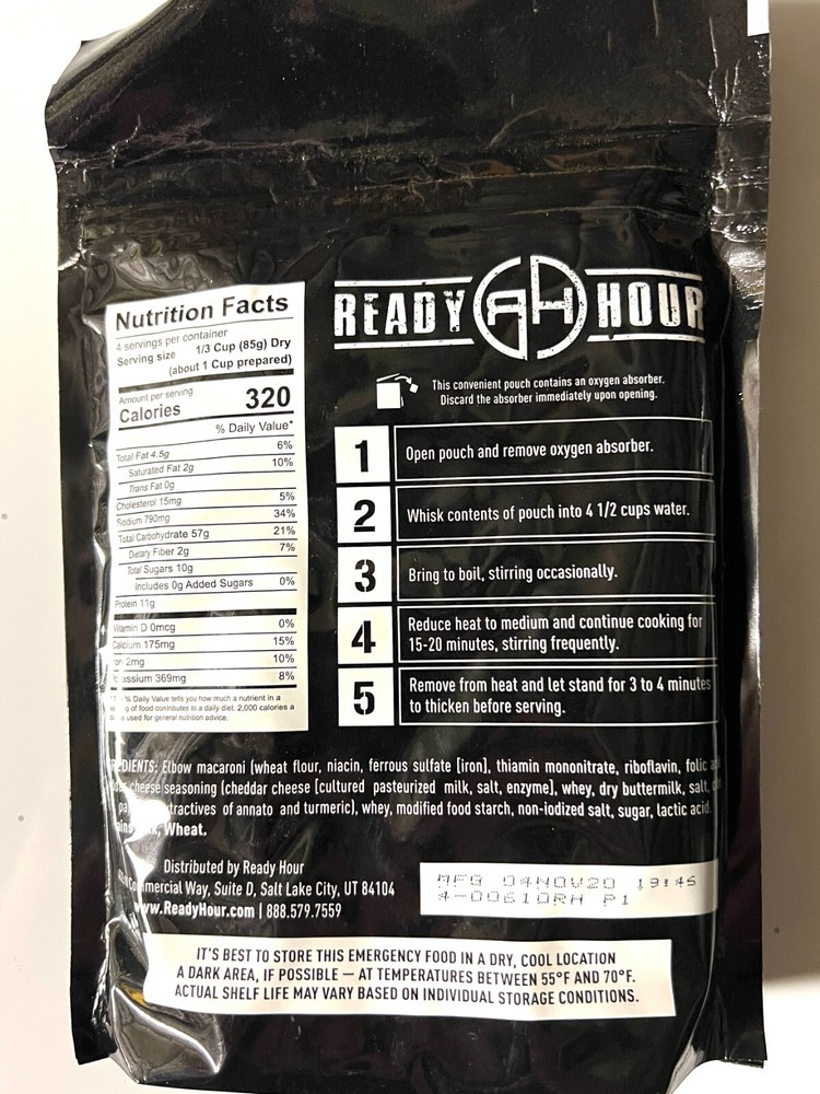 Ready Hour Emergency Food-Single Pack--Mac & Cheese--1,280 cals