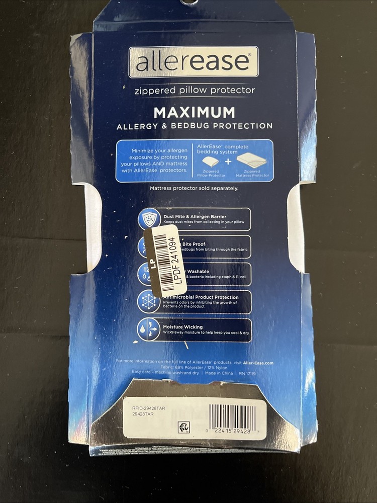 Allerease Zippered Pillow Protector Standard Queen 20”x28” Max Allergy & Bedbug