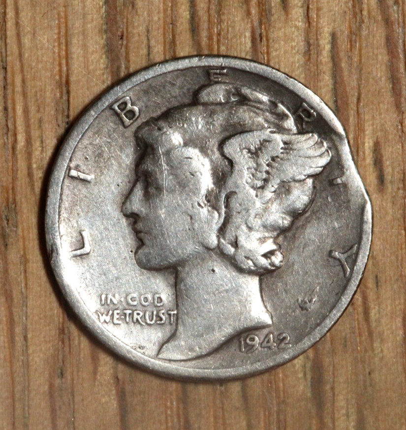 1942 Mercury Dime 10¢ - F - Fine - Error Clipped Planchet dbkjB