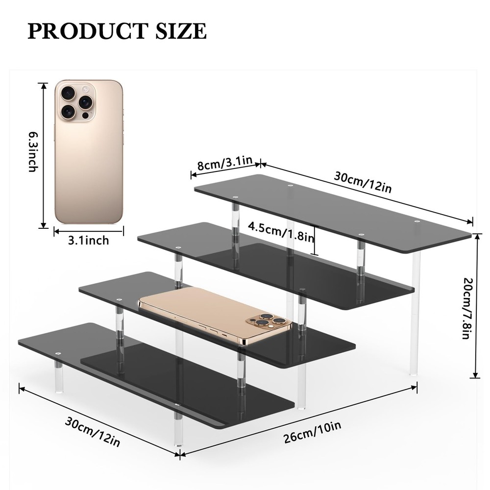 4 Tier Acrylic Display Risers, Black Perfume Organizer Stand, Large