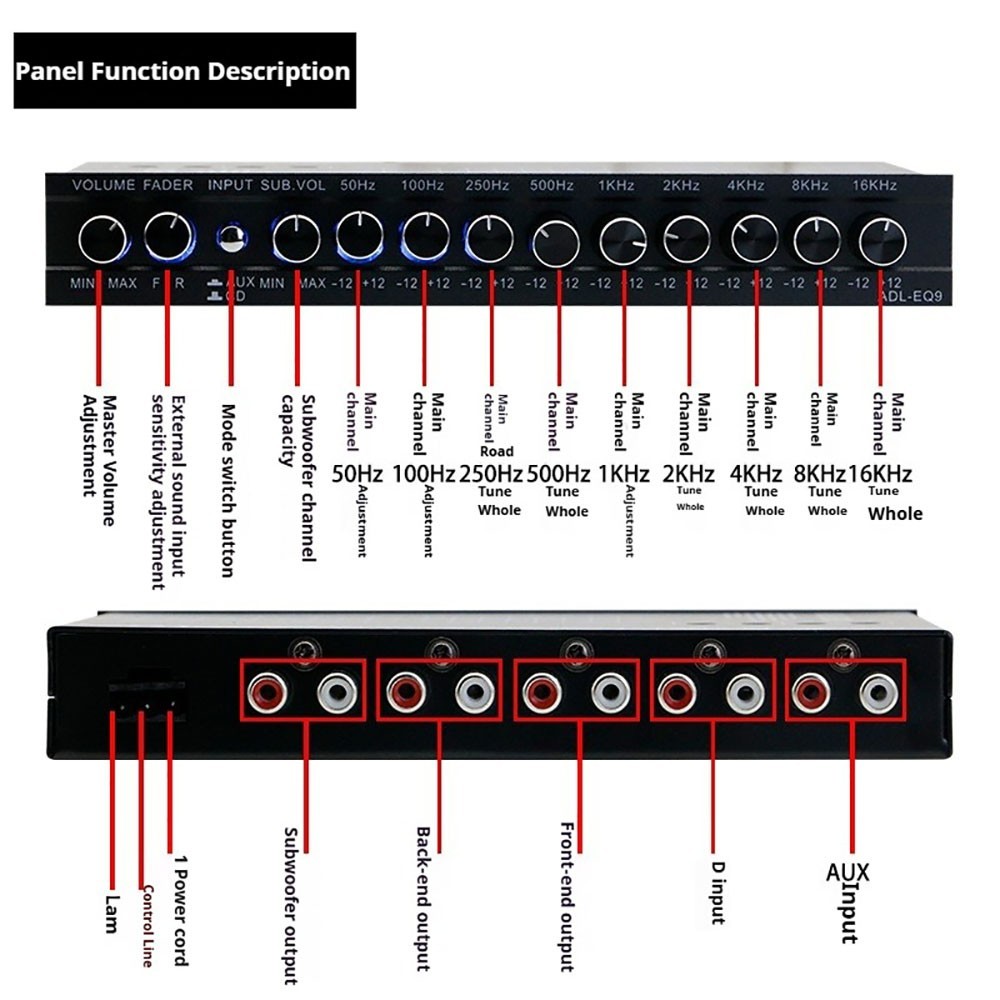 Car Equalizer 9-band Equalization Adjustment Audio EQ Tuning Crossover Amplifier