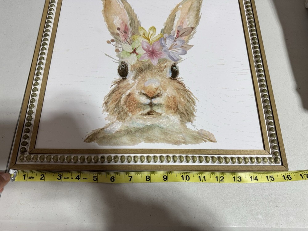 EASTER DECOR RUSTIC CUTE BUNNY FACE LARGE 16 X 16" WOOD FRAME