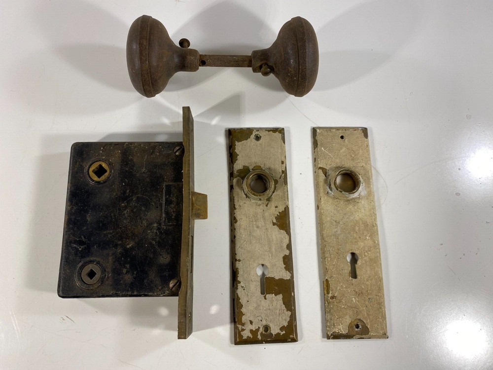 Vtg door hardware Lock Brass Back Plates Door Knobs Mortise Face Skeleton Key