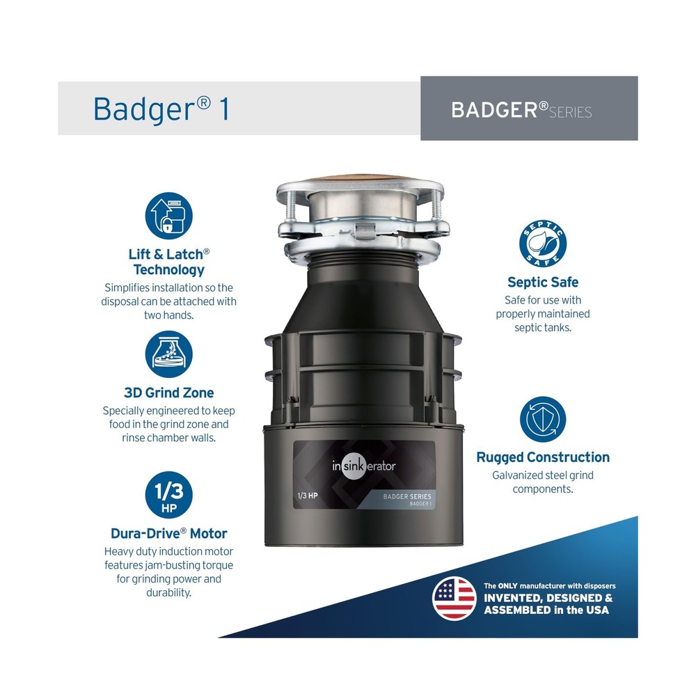 InSinkErator Garbage Disposal, Badger 1, Standard Series, 1/3 HP Continuous F...