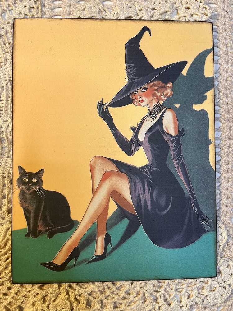 Retro Halloween, Glam Witch, Handcrafted Flat Board Canvas