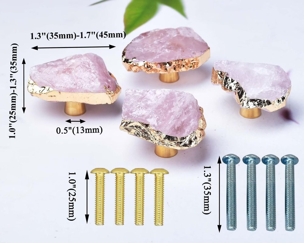 Rose Quartz Drawer Cabinet Knobs Pink Crystal Stone Knobs Handles Gold Plated...