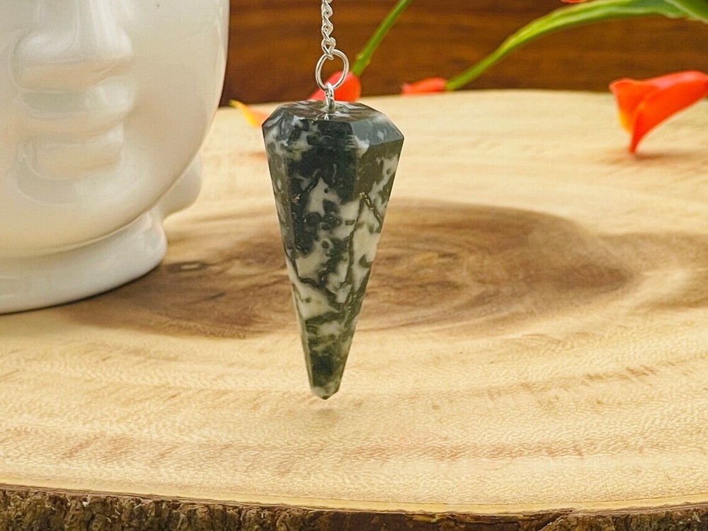 Moss Agate Crystal Pendulum With Silver Plated Chain, Moss Agate Point Pendulum