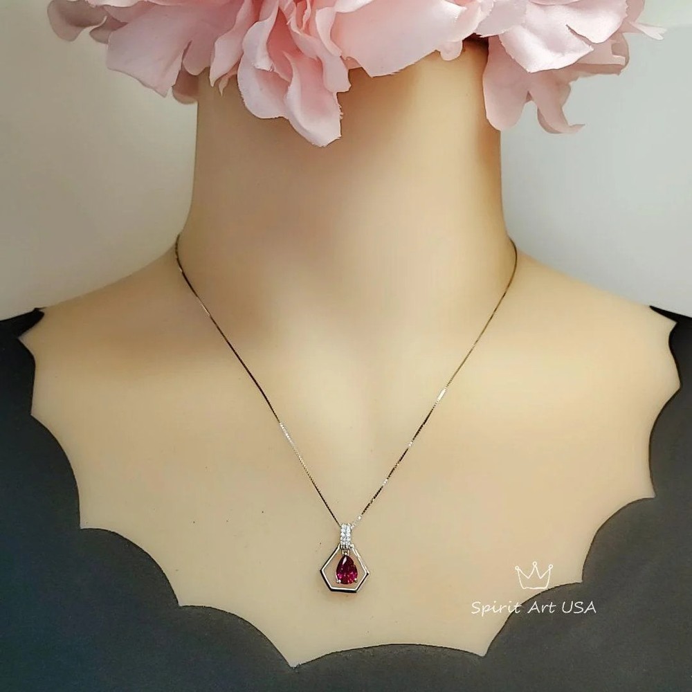 Geometric Red Ruby Necklace - Sterling Silver Triangle Diamond Teardrop Ruby