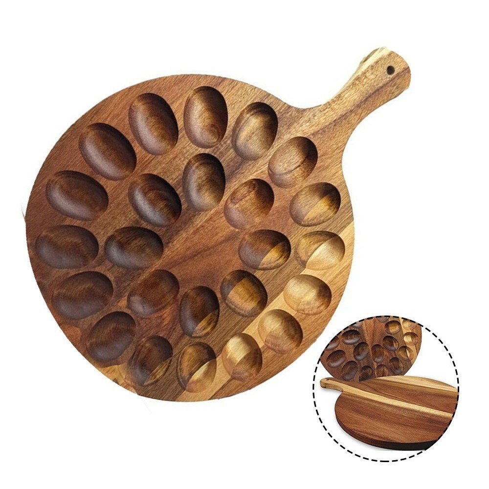 Egg Platter Storage Tray Round Wooden Plate with Handle 24 Deviled  Egg Holder