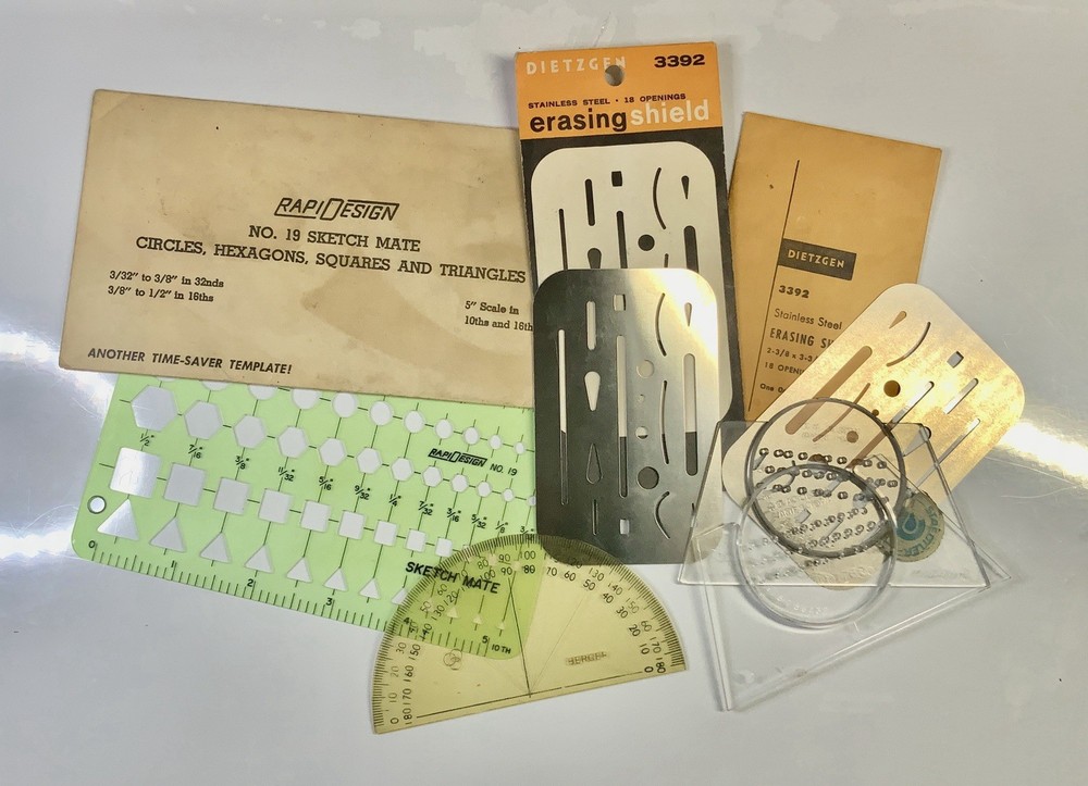 Drafting Tools Small Lot Template, Protractor, Erasing Shields, Lettering Guides