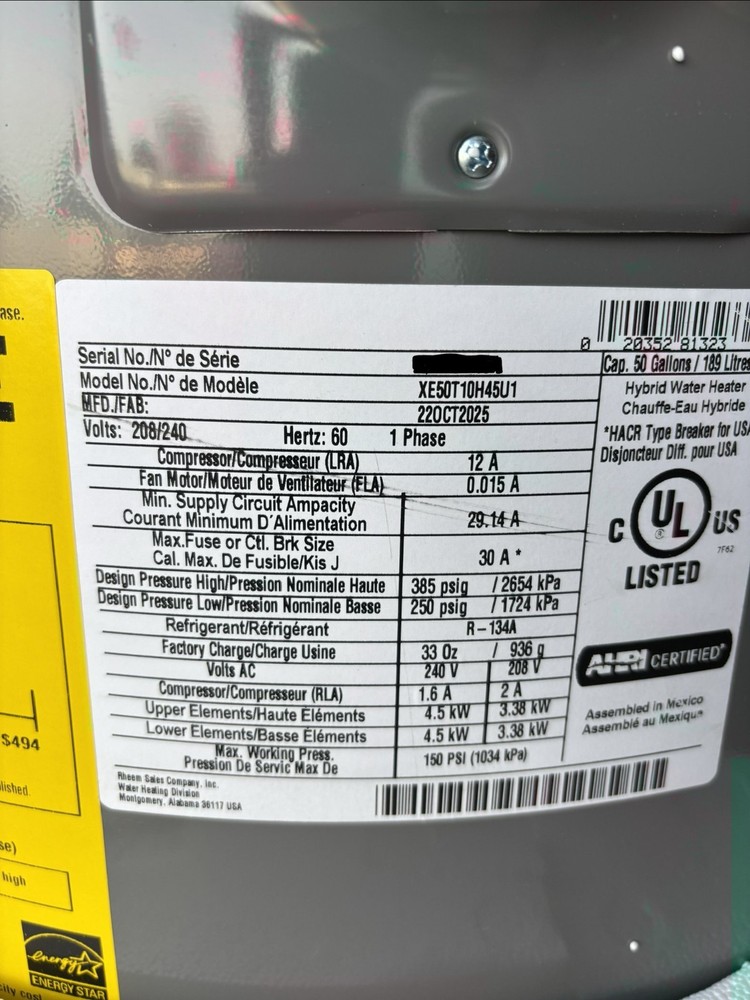 Rheem Hybrid ProTerra Smart Tank 50 Gal. Water Heater XE50T10H45U1