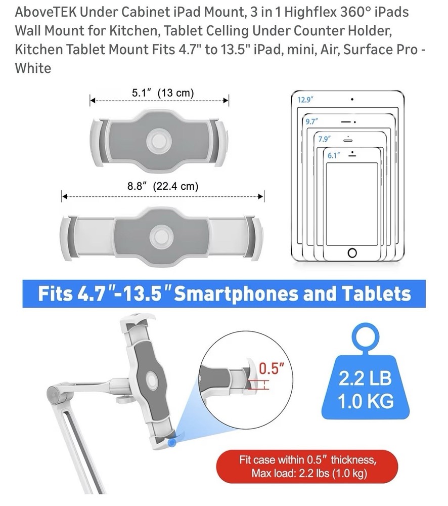 AboveTEK iPad Mount Stand Under Cabinet Tablet Holder Adjustable
