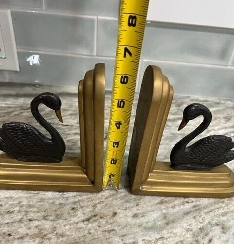 Vintage Mid Century Solid Brass Black Swan Bookends Heavy