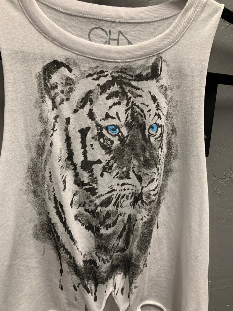 $68 NWT Chaser Brand Solid White Tiger Tie Front Graphic Sleeveless Tank