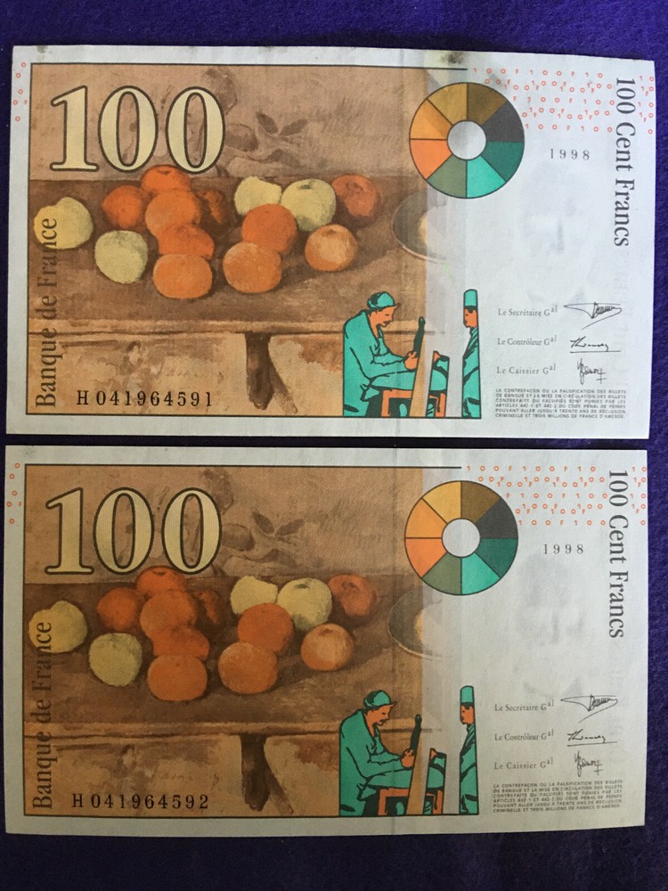 FRANCE 1998 PAUL CEZANNE 100 FRANC NOTES / 2 SEQUENTIAL NUMBERED NOTES