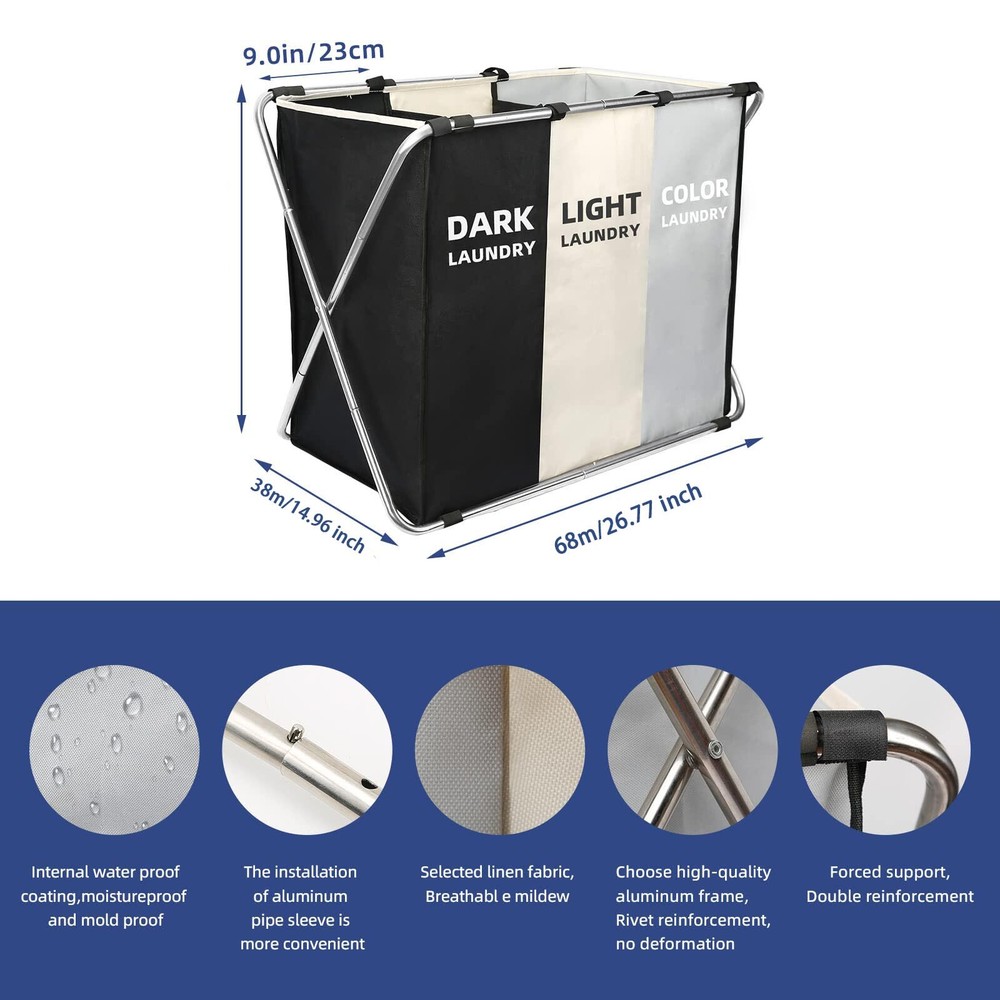 3 Grid Laundry Basket Clothes Storag Stocked Foldable Hamper Sorter Storage Bag