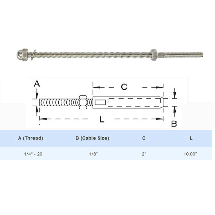 3/16'' Stainless Steel Cable Railing Swage Threaded Stud End Fitting - PACK 10