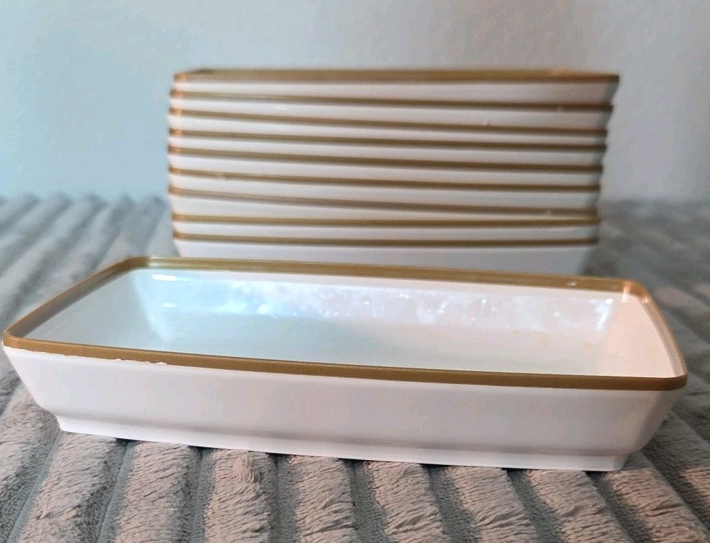 Set 10 Delta Airlines White Gold Trim Plastic Rectangular Bread Dessert Dish Vtg