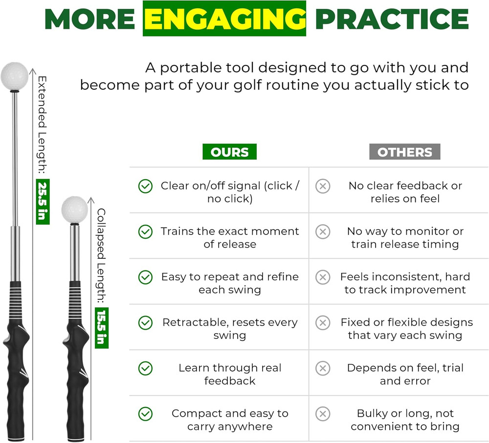 5-In-1 Retractable Golf Swing Trainer, Training Aid with Grip Trainer, Swing Mec