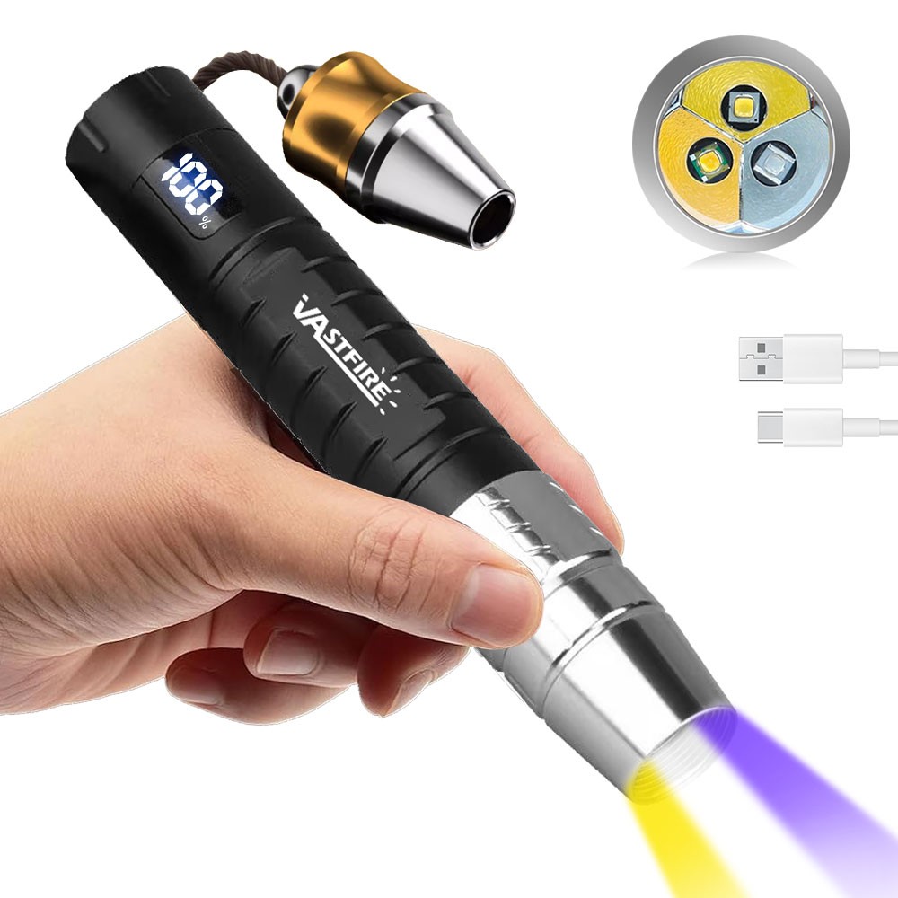 UV/White/Yellow LED Flashlight 365nm Light USB Rechargeable 3 Light Source Torch