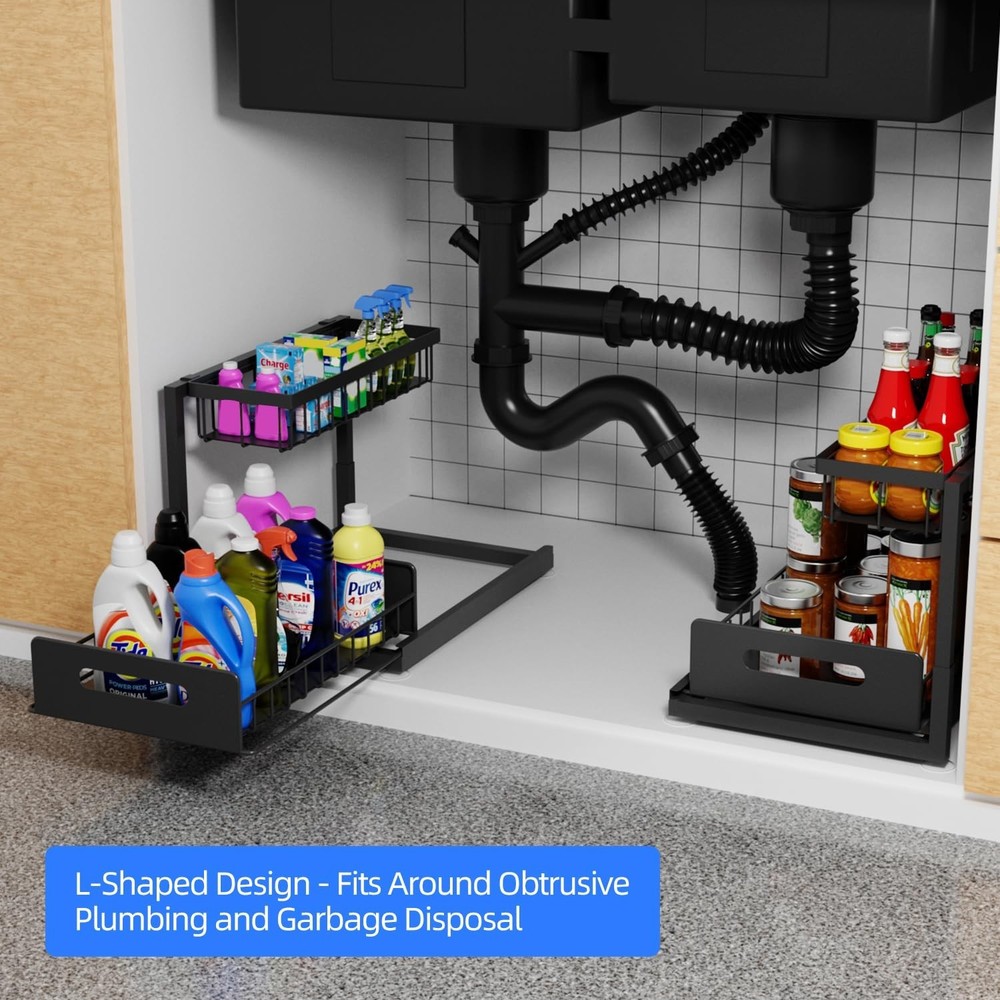 2-Tier Under Sink Slide Out Organizer, 2 Pack Pull Out Cabinet Storage Shelf ...