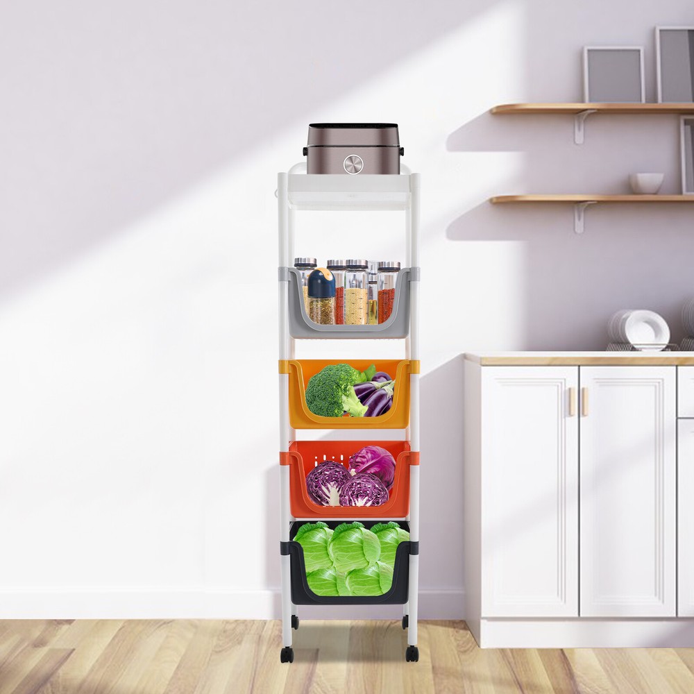 Kitchen Storage Rack 5 Tier Floor-Standing Basket Organizer W/ 2 Practical Hook