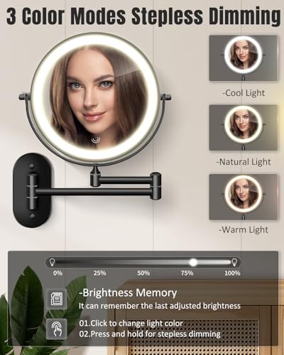 30X/1X Wall Mounted Lighted Makeup Mirror, 8'' Double Sided Rechargeable Black
