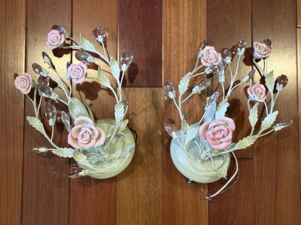 Shabby Chic floral sconces with crystal decorations (pair)