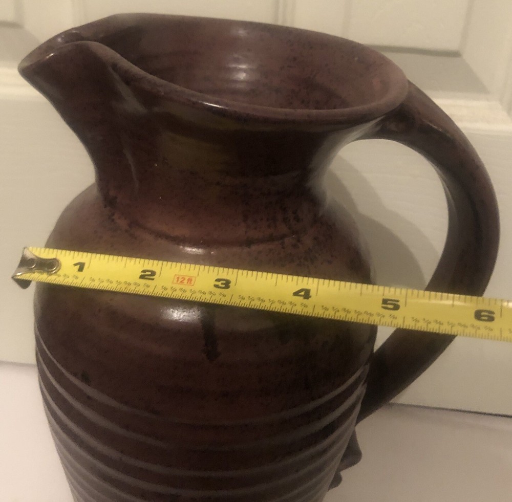 Art Pottery Ceramic Pitcher Rustic Drip Glaze Ribbed Pattern Scroll Handle 11.5”