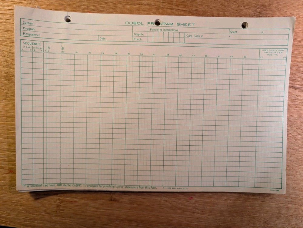 ONE (1) IBM Cobol Coding Form Program Sheet 1970's Form R 10-035