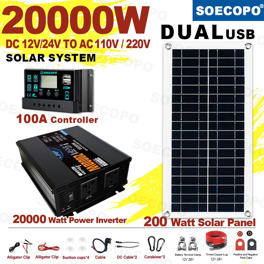 20000W Solar System with Panel | 100A Controller + 12V/24V to 110V/220V Inverter