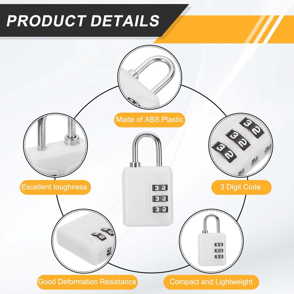 4pcs Resettable 3 Digit Plastic Combination Padlock, White (60 x 32mm)