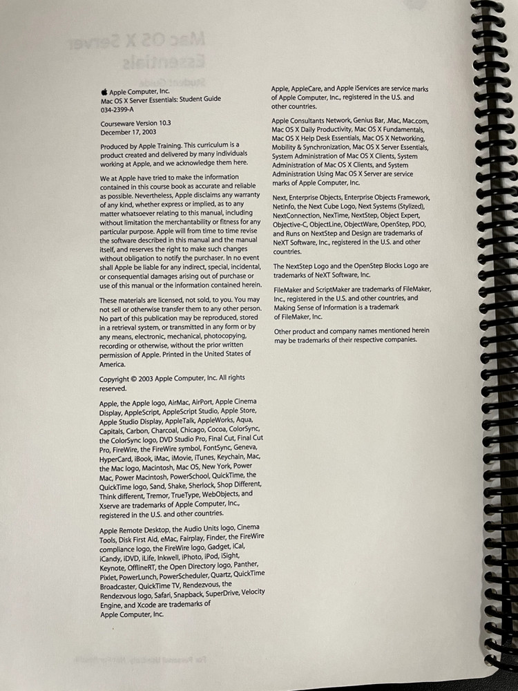 Vintage Apple Computer OS X Server Essentials Student Training Spiral Notebooks