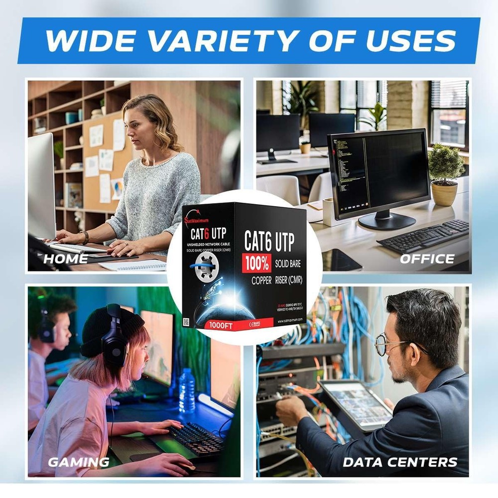 1000FT Cat6 23AWG Solid Bare Copper CMR Riser Ethernet Networking Cable