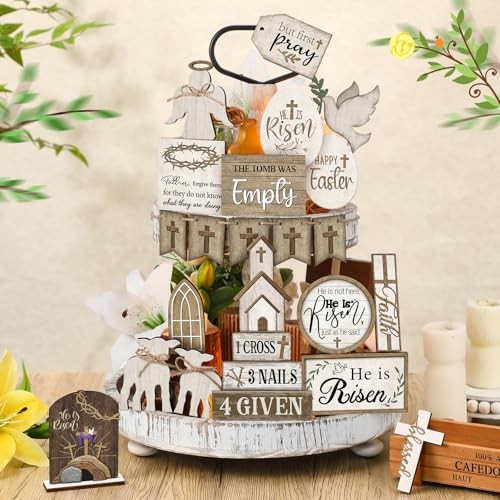 24 Pcs Easter Tiered Tray Decor He is Risen Cross Tray Decoration Sets Rustic