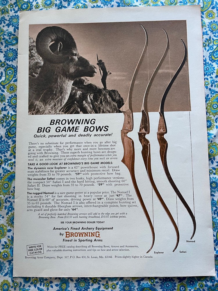Browning 1966 Print Ad Bow Hunting Big Game Advertisement