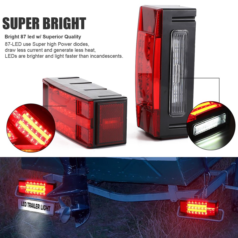 Left+Right LED Submersible Trailer Boat Rectangle Stud Stop Turn Tail Lights Kit