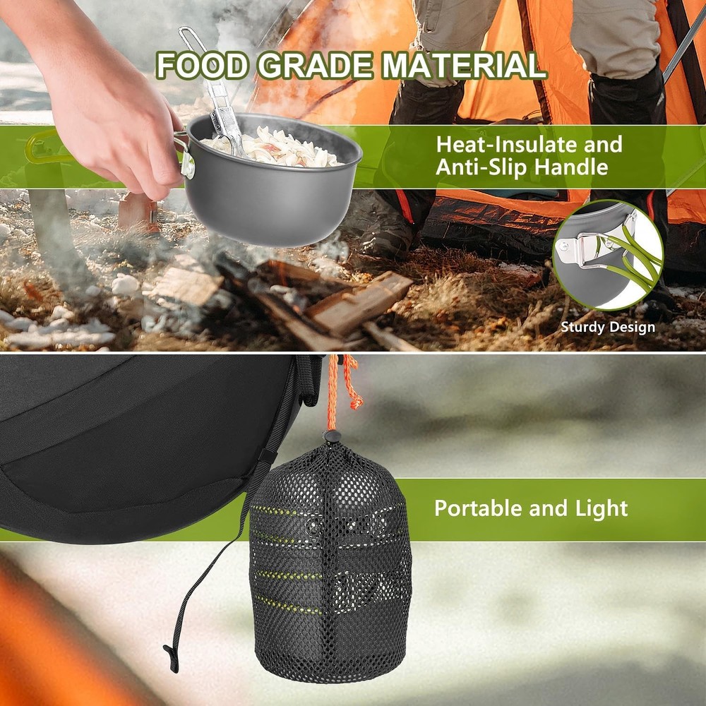 “Camping Cookware Set Portable Mess Kit Non-Stick Pots Pans Fork Lightweight O