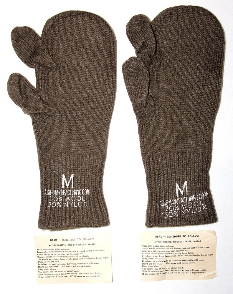 UNISSUED KOREAN WAR M-1948 WOOL TRIGGER FINGER MITTENS W/ PAPER INSTRUCTIONS