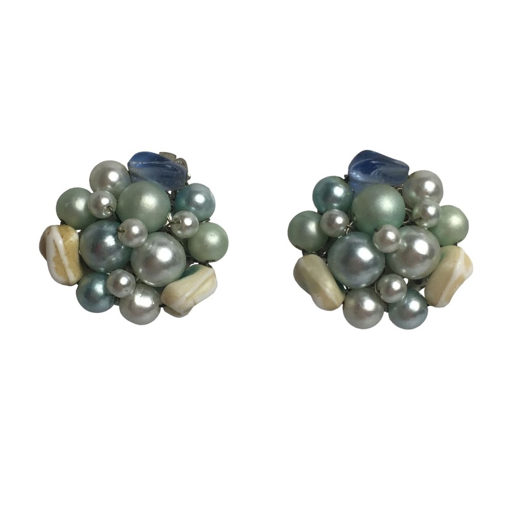 Vintage Unsigned Clip On Earrings Blue Beaded Cluster Silver Tone